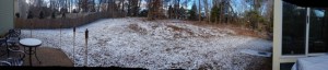 Panoramic of the backyard in it's Carolina snow glory
