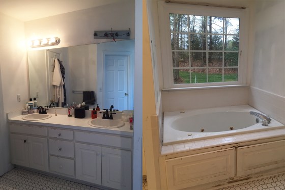 Before: Down to drywall, mismatched knobs, missing lights, and busted cabinets